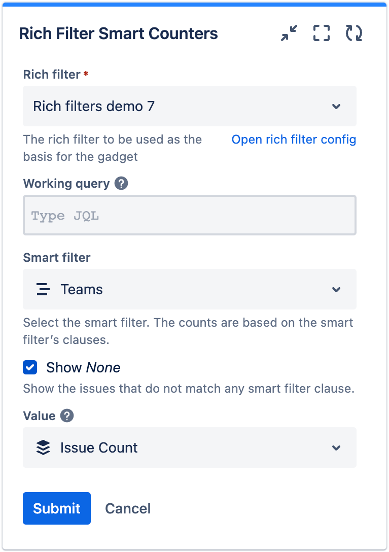Smart counters config form showing Teams smart filter and Issue Count value selected
