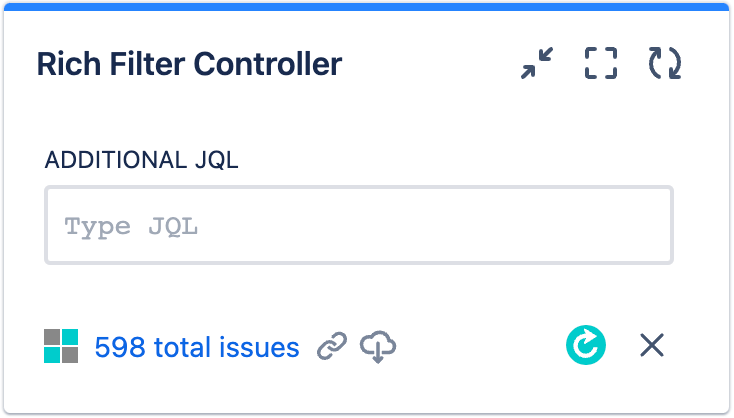 Starting state of the Rich Filter controller gadget - no quick filters, just a field to manually enter a JQL filter