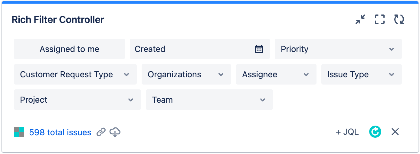 Rich filter controller with assigned to me, created, priority, customer request type, organizations, assignee, issue type, project, and team filters. None are active.